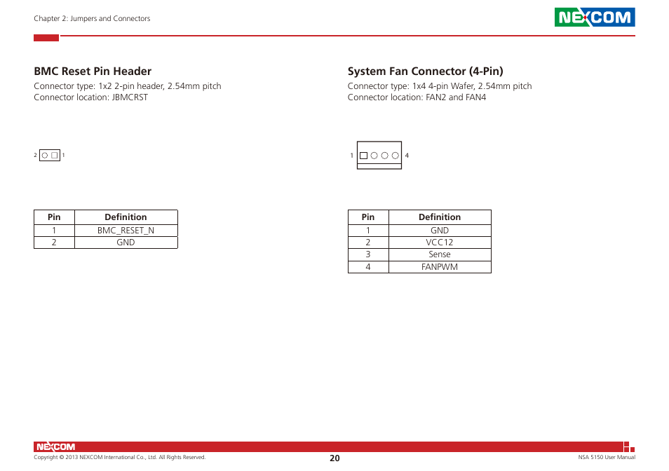 Bmc reset pin header system fan connector (4-pin), Bmc reset pin header, System fan connector (4-pin) | NEXCOM NSA 5150 User Manual | Page 34 / 84