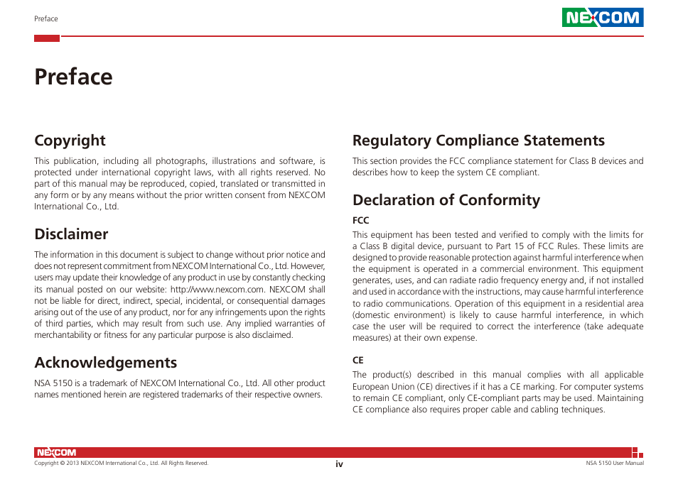 Preface, Copyright, Disclaimer | Acknowledgements, Regulatory compliance statements, Declaration of conformity | NEXCOM NSA 5150 User Manual | Page 4 / 84
