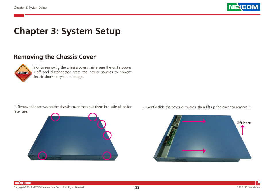 Chapter 3: system setup, Removing the chassis cover | NEXCOM NSA 5150 User Manual | Page 47 / 84