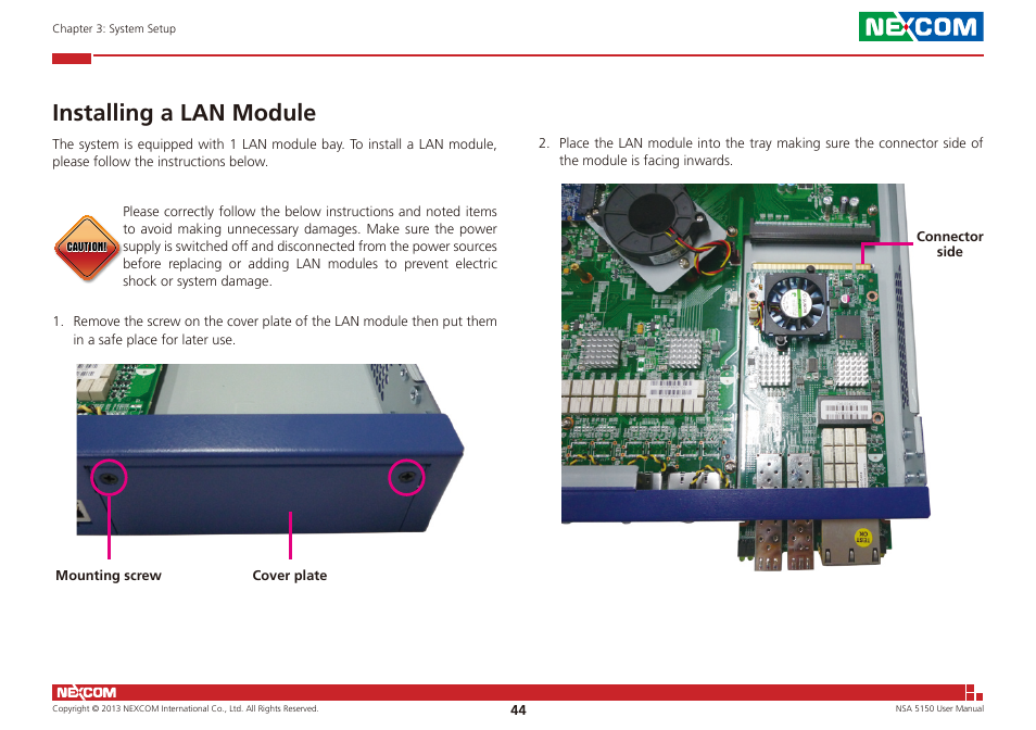 Installing a lan module | NEXCOM NSA 5150 User Manual | Page 58 / 84