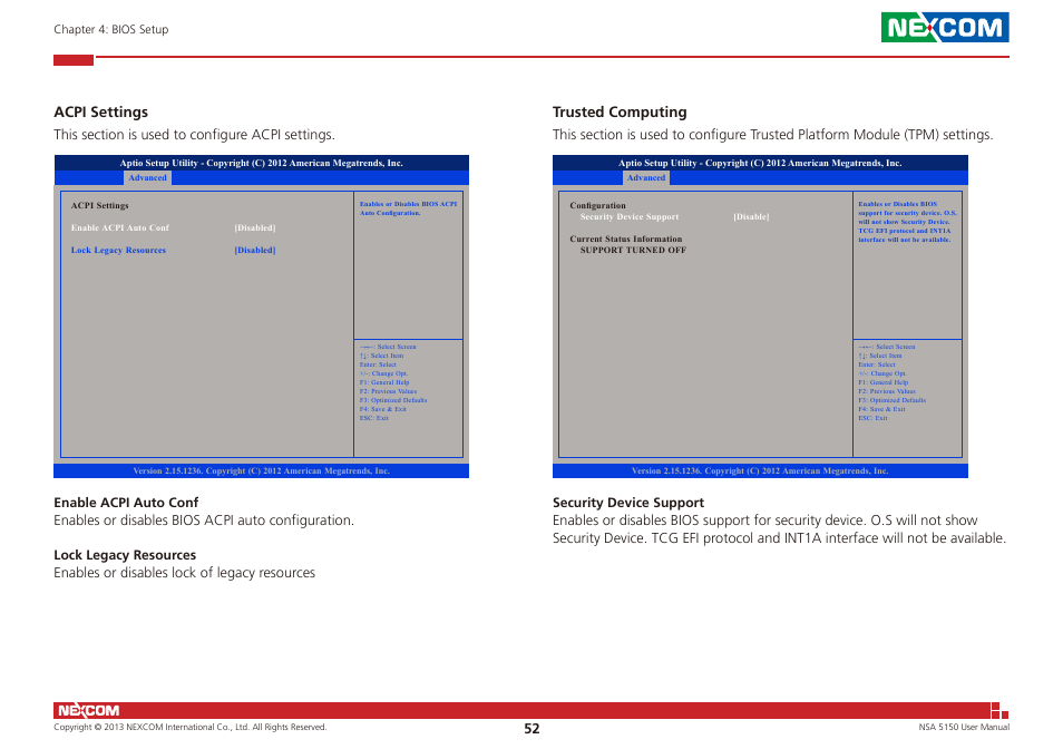 Acpi settings, Trusted computing | NEXCOM NSA 5150 User Manual | Page 66 / 84