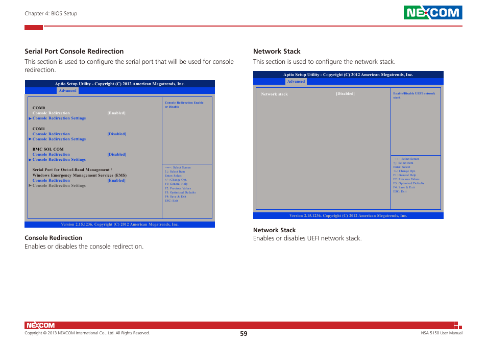 Serial port console redirection, Network stack | NEXCOM NSA 5150 User Manual | Page 73 / 84