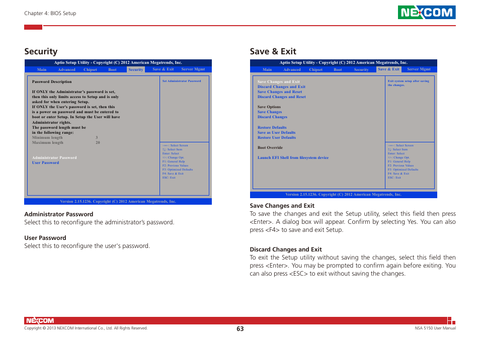 Security save & exit, Security, Save & exit | NEXCOM NSA 5150 User Manual | Page 77 / 84