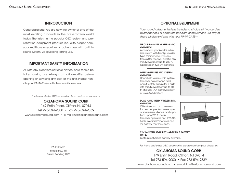 Optional equipment, Introduction, Important safety information | Oklahoma sound corp | Oklahoma Sound 007HT User Manual | Page 3 / 4