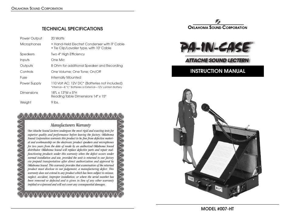 Pa-in-case, Attache sound lectern, Instruction manual | Oklahoma Sound 007HT User Manual | Page 4 / 4