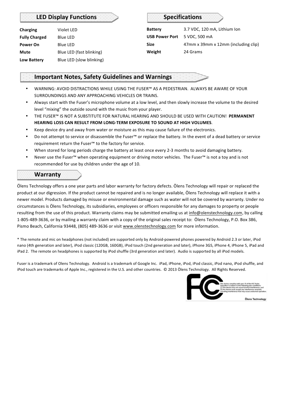Warranty, Led display functions specifications | Ölens Technology F62 User Manual | Page 2 / 6