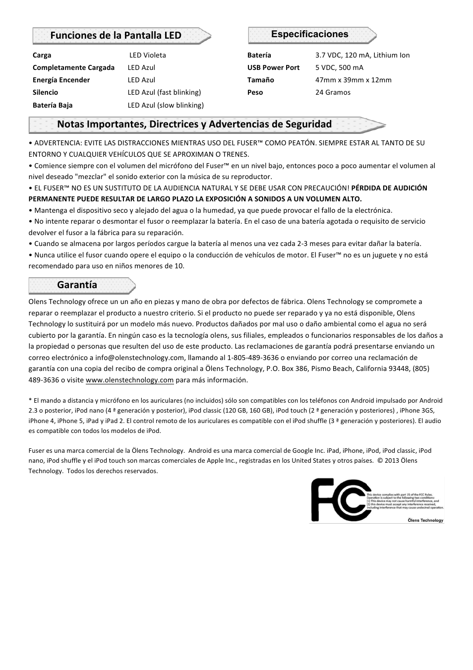 Funciones de la pantalla led, Garantía, Especificaciones | Ölens Technology F62 User Manual | Page 4 / 6