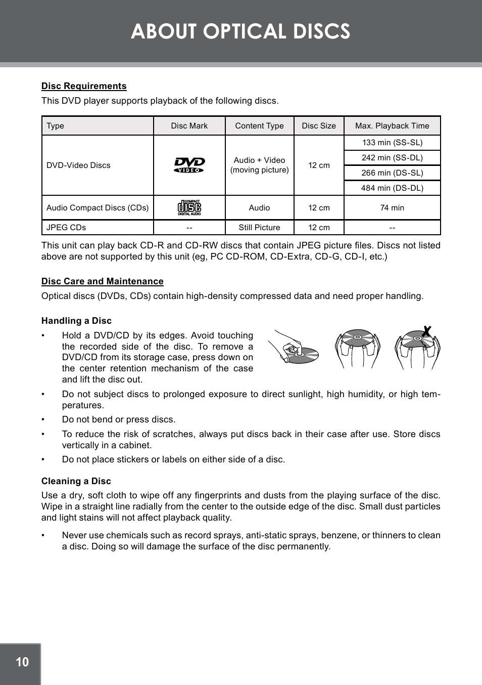 About optical discs | COBY electronic TFDVD7752 User Manual | Page 10 / 30