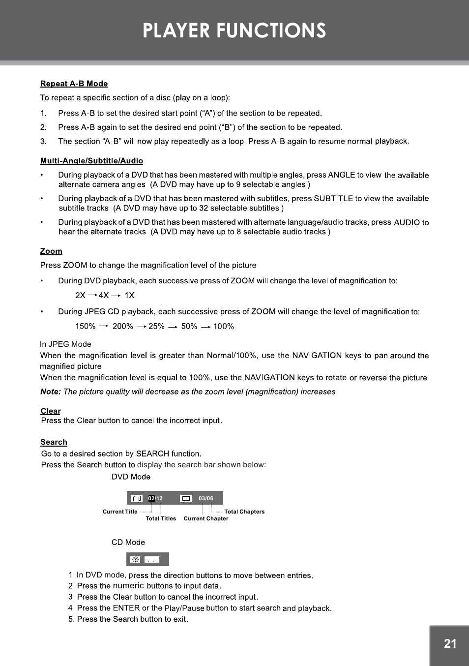 Player functions | COBY electronic TFDVD7752 User Manual | Page 21 / 30