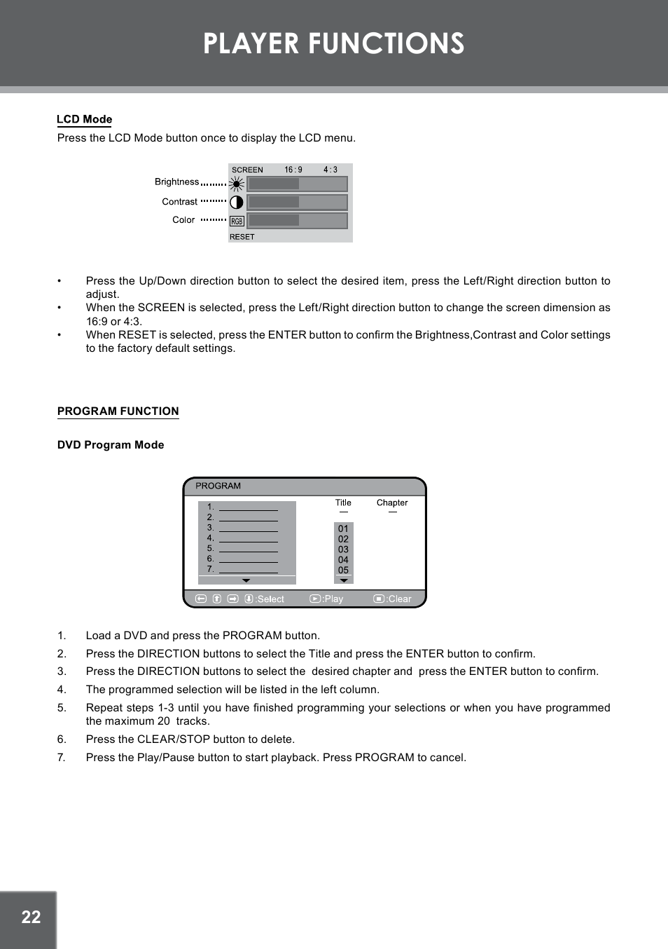 Player functions | COBY electronic TFDVD7752 User Manual | Page 22 / 30