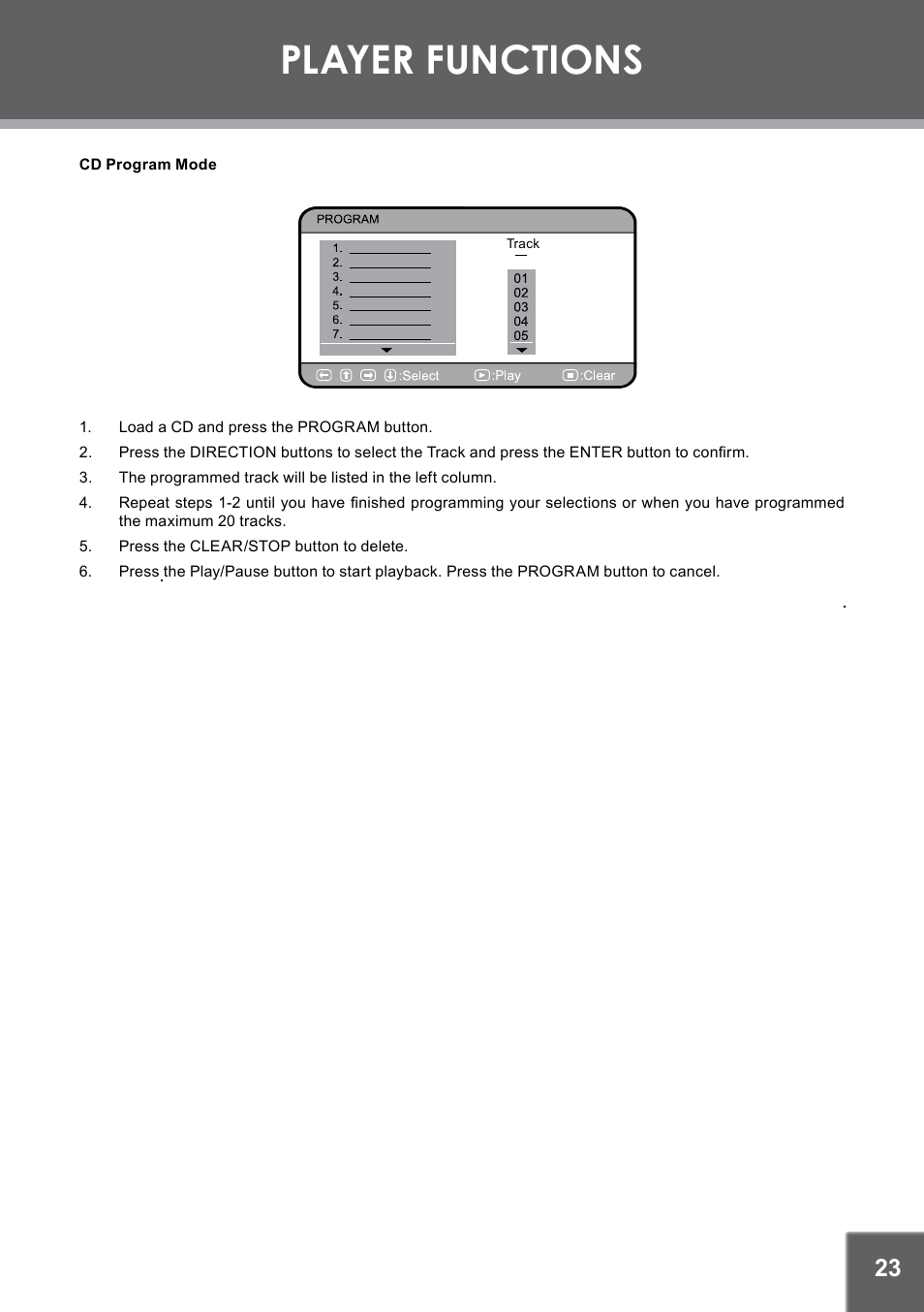 Player functions | COBY electronic TFDVD7752 User Manual | Page 23 / 30