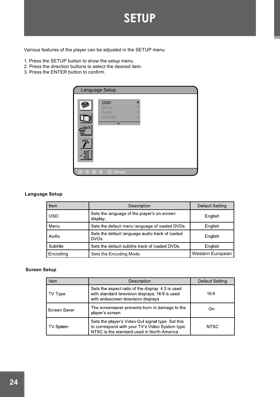 Setup | COBY electronic TFDVD7752 User Manual | Page 24 / 30