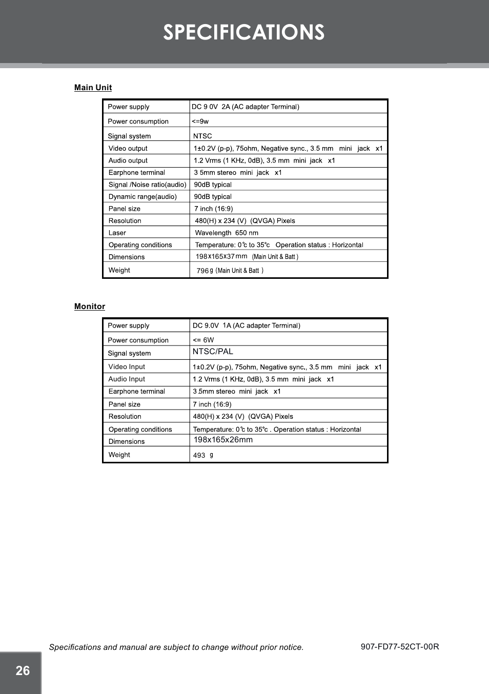 Specifications | COBY electronic TFDVD7752 User Manual | Page 26 / 30