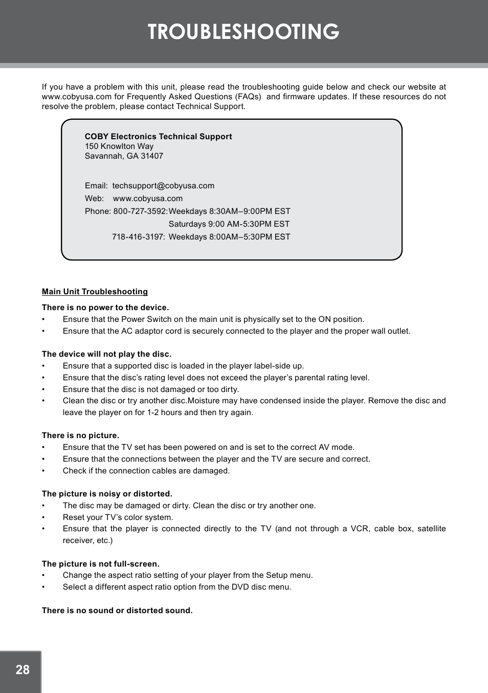 Troubleshooting | COBY electronic TFDVD7752 User Manual | Page 28 / 30