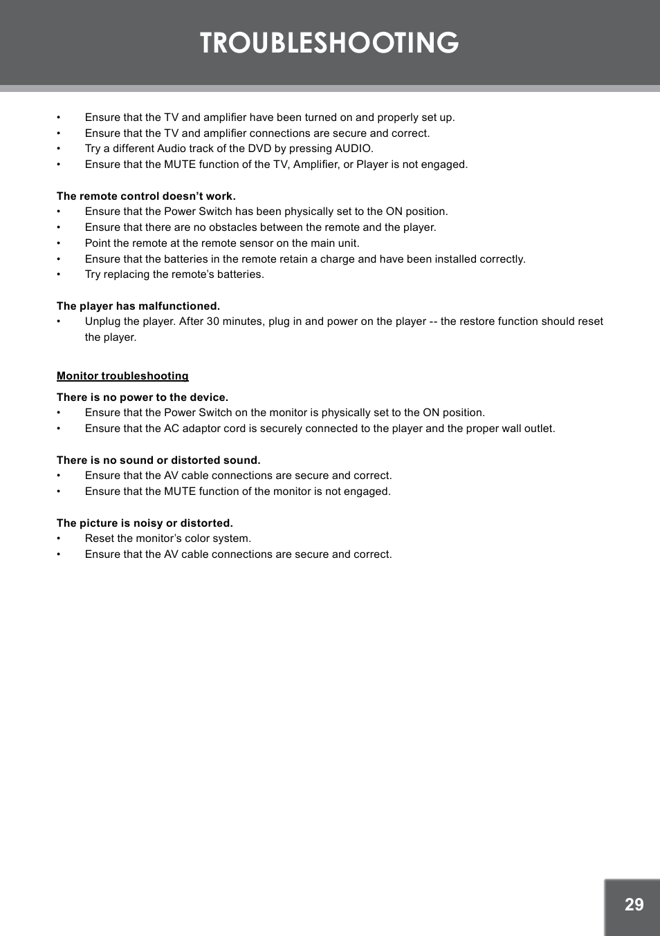 Troubleshooting | COBY electronic TFDVD7752 User Manual | Page 29 / 30