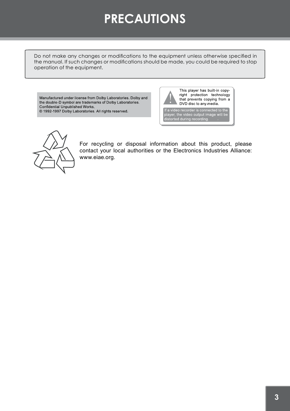 Precautions | COBY electronic TFDVD7752 User Manual | Page 3 / 30