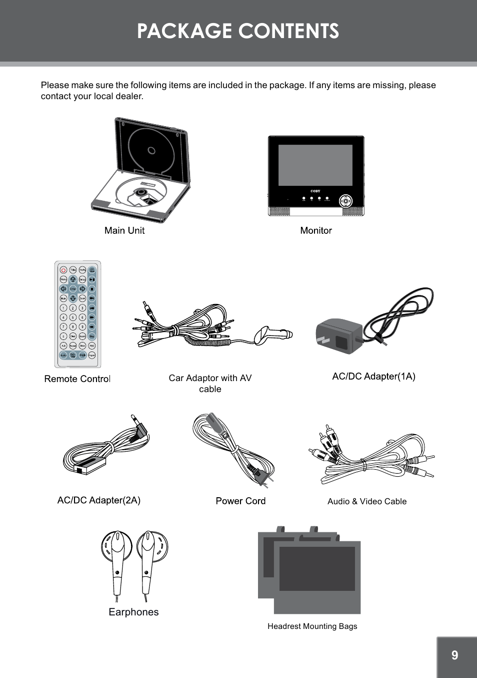 Package contents | COBY electronic TFDVD7752 User Manual | Page 9 / 30