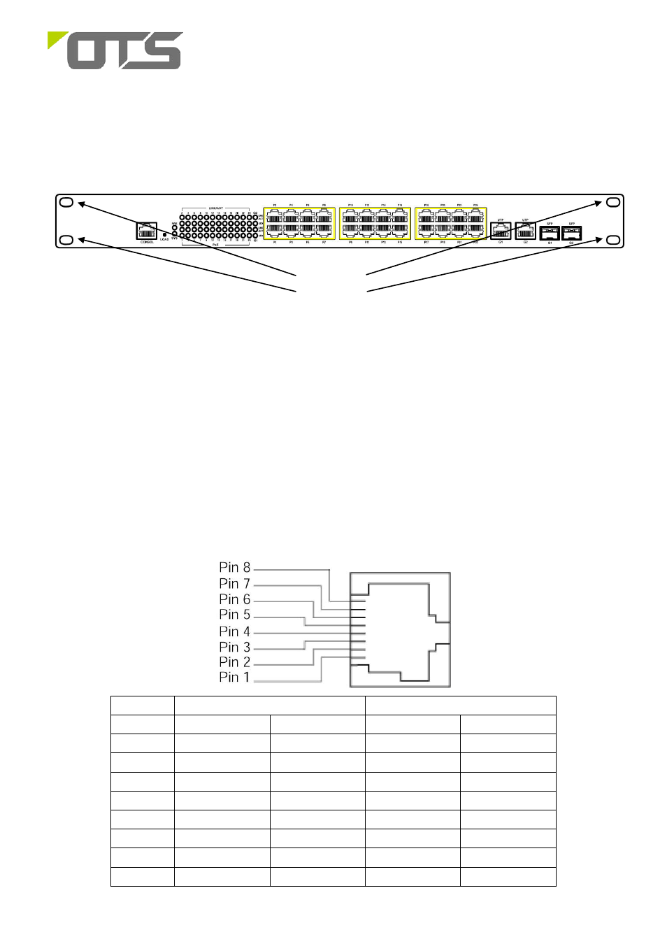 Rack installation, Setup, Interface | Ethernet port rj-45 pin assignment | OT Systems ET24122MPp-S User Manual | Page 6 / 8