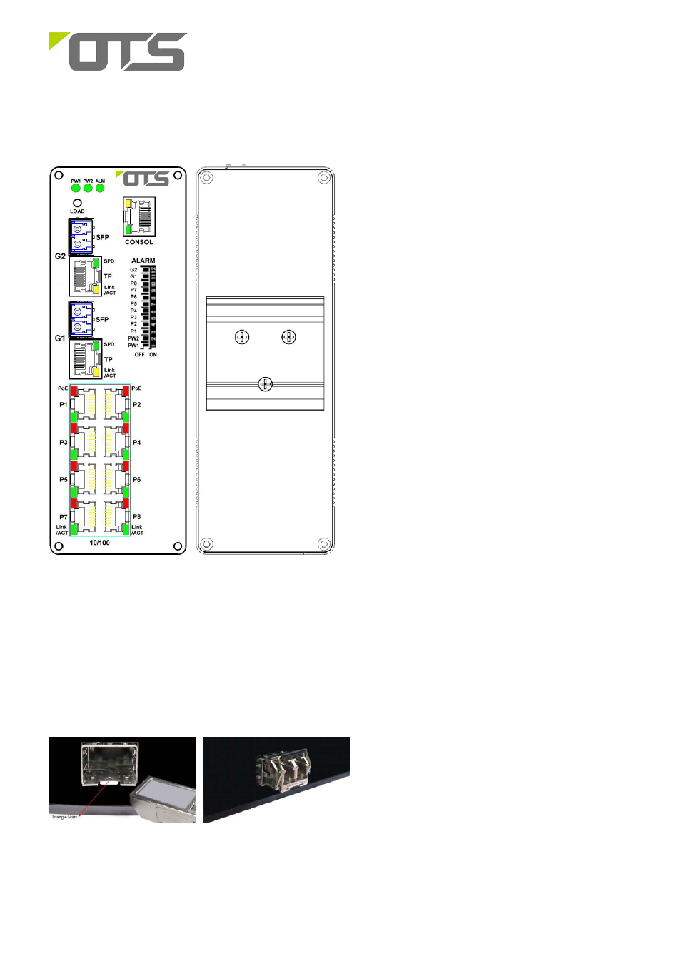 Physical description, Installation, Sfp transceiver module | Et8122mpp-s-dr | OT Systems ET8122MPp-S-DR User Manual | Page 2 / 9