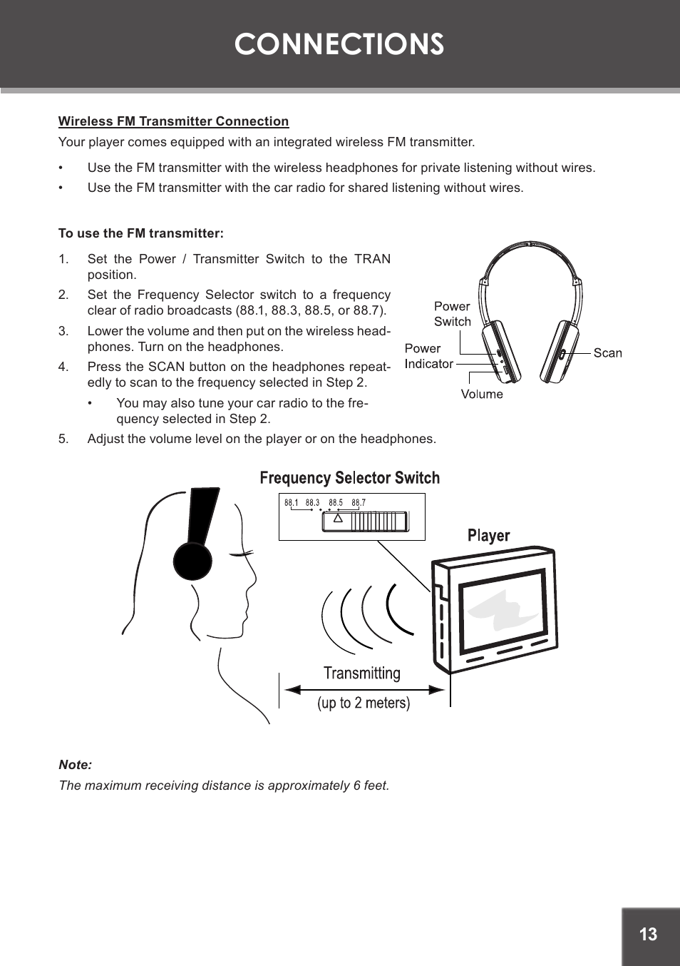 Wireless fm transmitter connection, Connections | COBY electronic TF-DVD7060 User Manual | Page 13 / 28