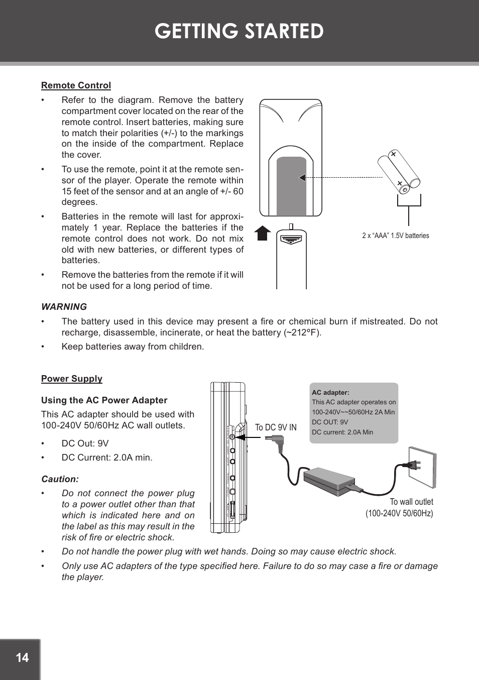 Remote control, Power supply, Using the ac power adapter | Getting started | COBY electronic TF-DVD7060 User Manual | Page 14 / 28