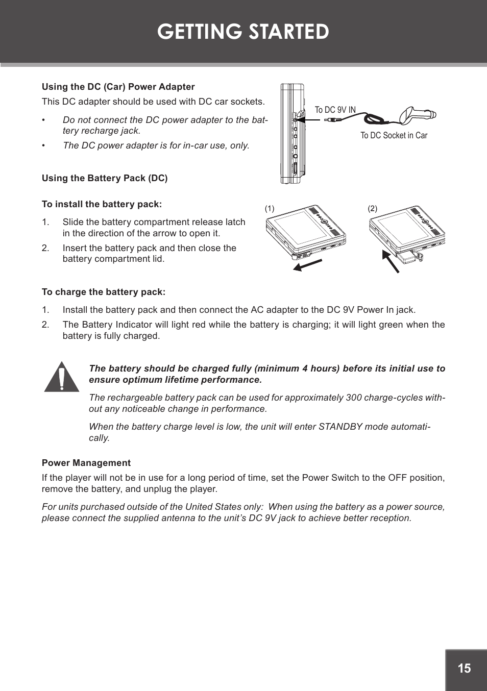 Using the dc (car) power adapter, Using the battery pack (dc), Power management | Getting started | COBY electronic TF-DVD7060 User Manual | Page 15 / 28