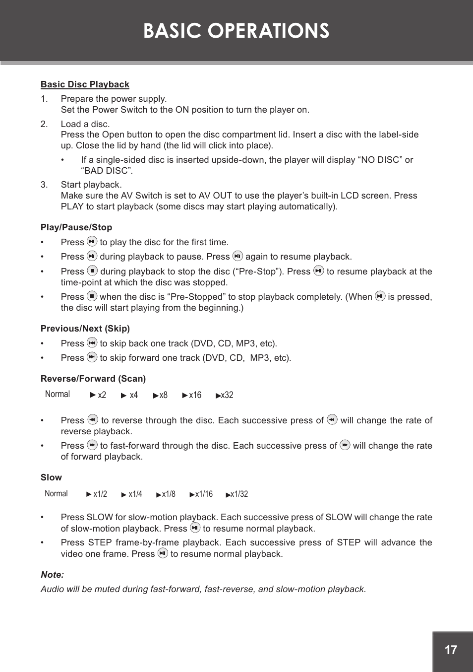 Basic operations, Basic disc playback, Play/pause/stop | Previous/next (skip), Reverse/forward (scan), Slow | COBY electronic TF-DVD7060 User Manual | Page 17 / 28