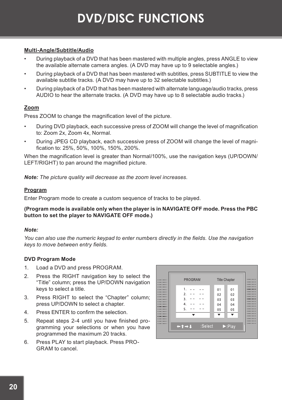 Multi-angle/subtitle/audio, Zoom, Program | Dvd program mode, Dvd/disc functions | COBY electronic TF-DVD7060 User Manual | Page 20 / 28