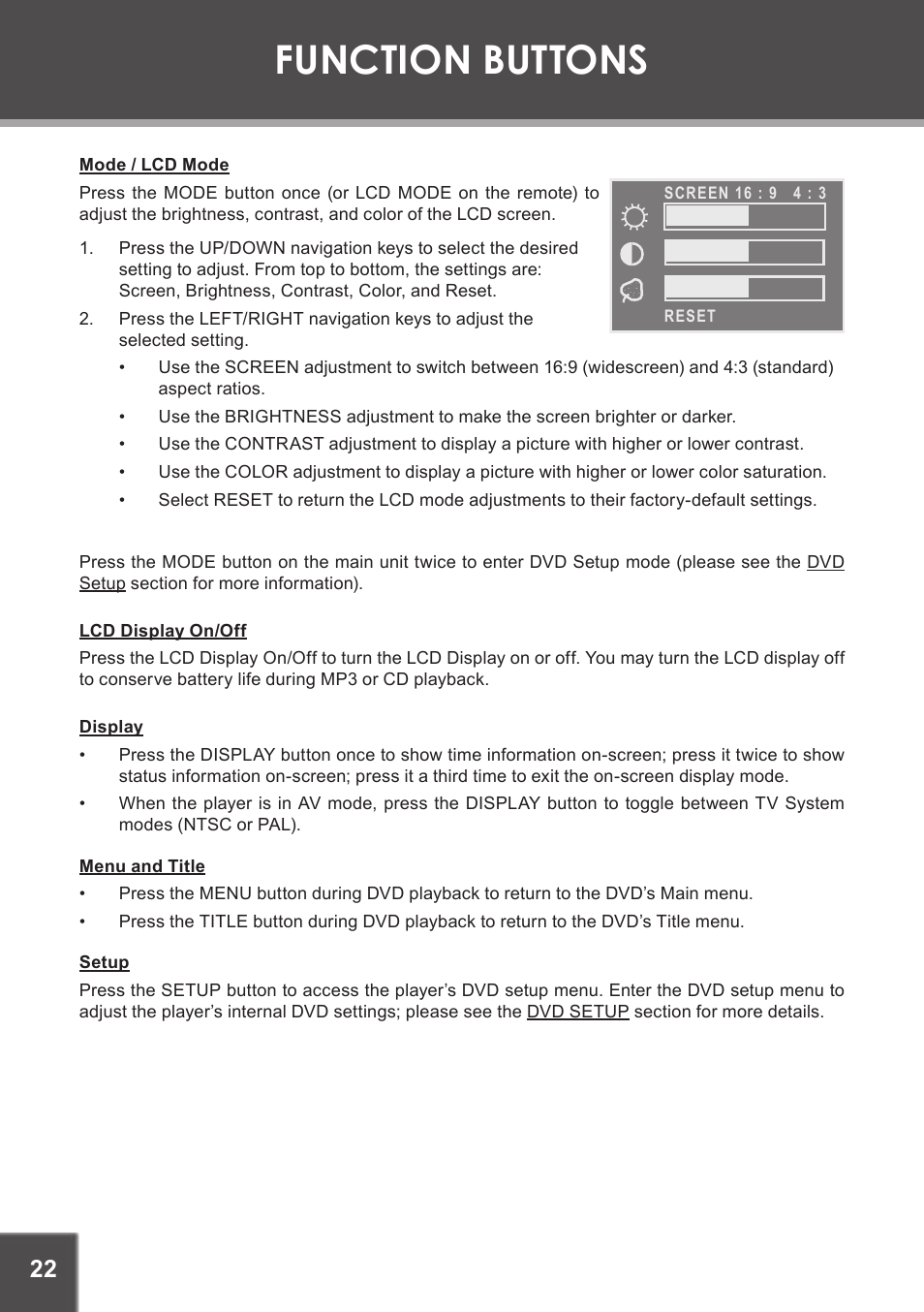 Function buttons, Mode / lcd mode, Lcd display on/off | Display, Menu and title, Setup | COBY electronic TF-DVD7060 User Manual | Page 22 / 28