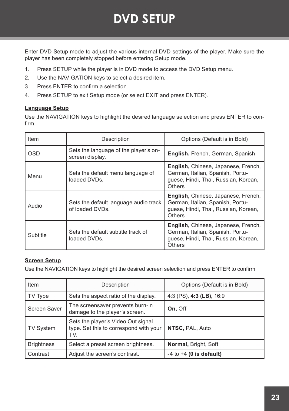 Dvd setup, Language setup, Screen setup | COBY electronic TF-DVD7060 User Manual | Page 23 / 28