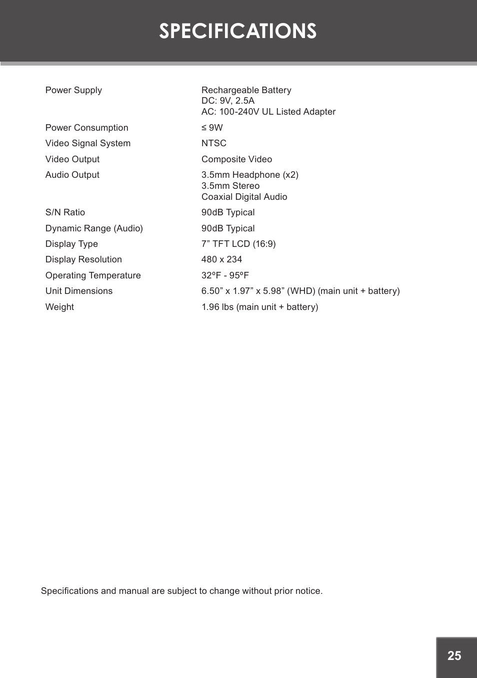 Specifications | COBY electronic TF-DVD7060 User Manual | Page 25 / 28