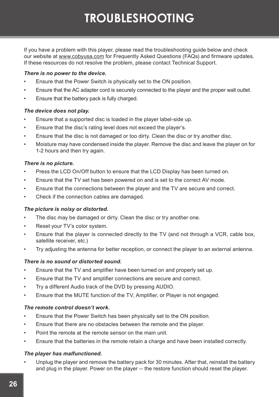 Troubleshooting | COBY electronic TF-DVD7060 User Manual | Page 26 / 28