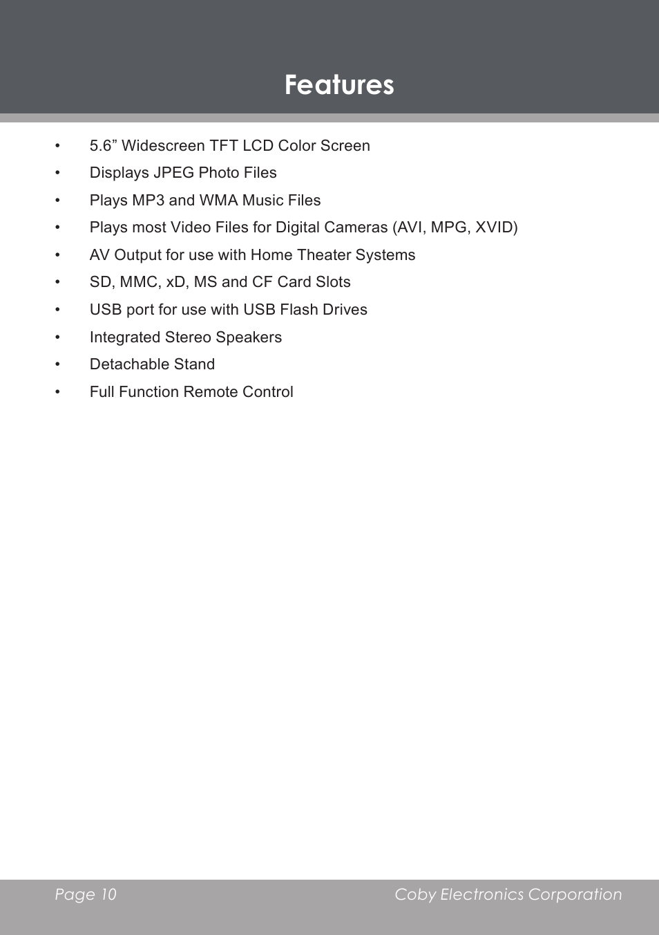 Features | COBY electronic DP-5588 User Manual | Page 10 / 36