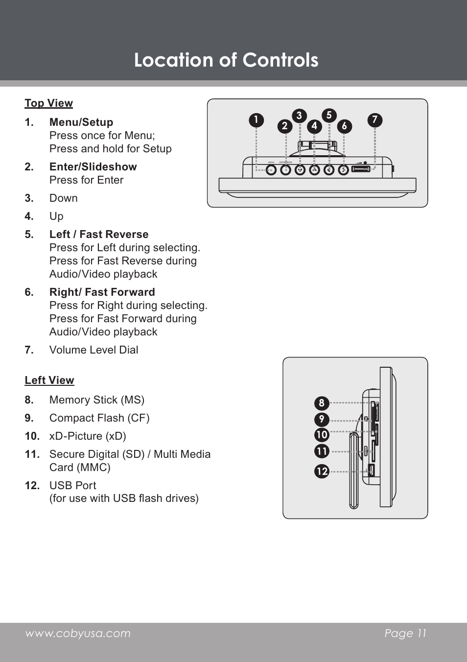 Location of controls, Top view, Left view | COBY electronic DP-5588 User Manual | Page 11 / 36