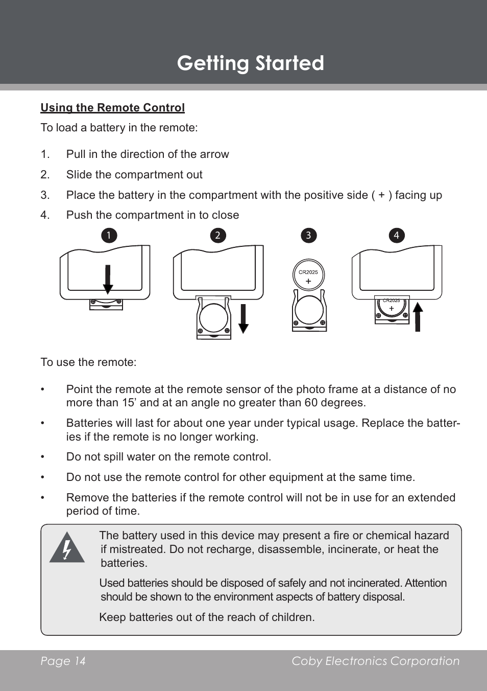 Getting started, Using the remote control | COBY electronic DP-5588 User Manual | Page 14 / 36