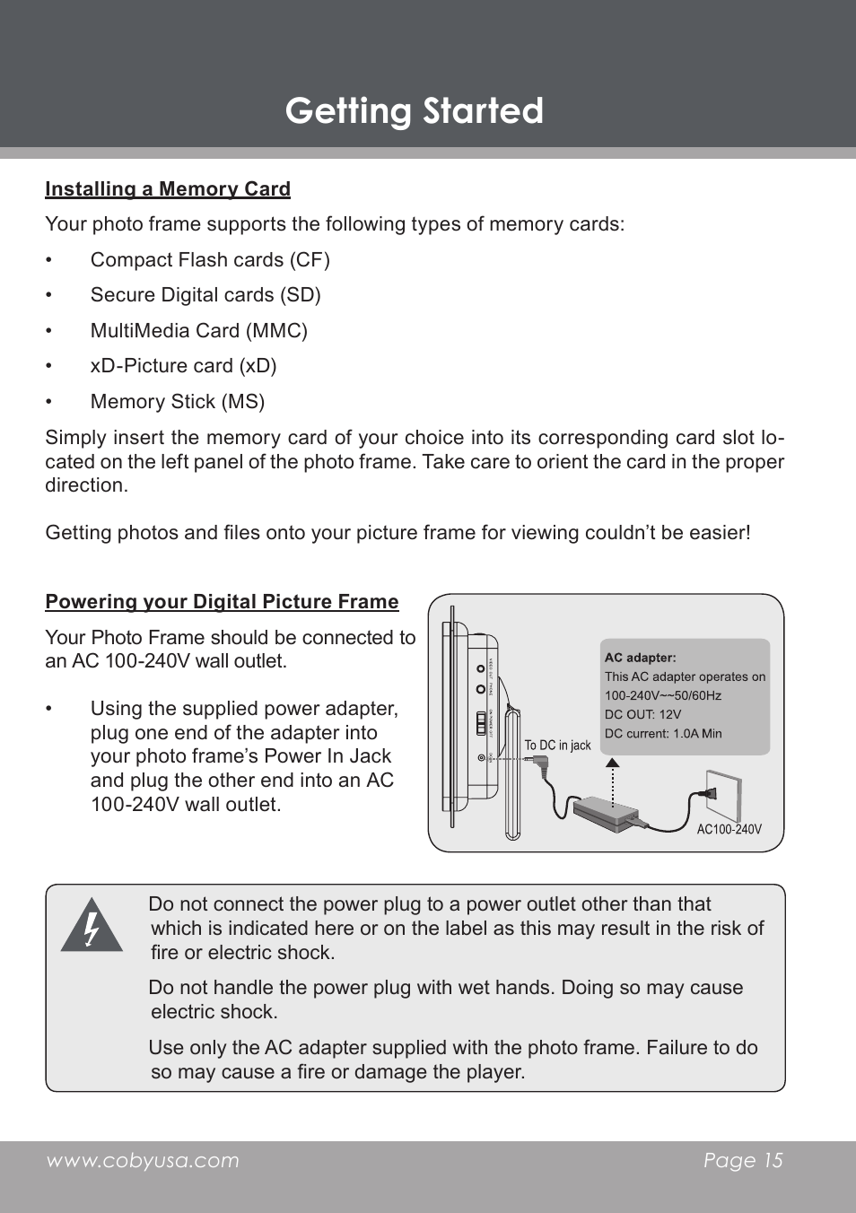 Installing a memory card, Powering your digital picture frame, Getting started | COBY electronic DP-5588 User Manual | Page 15 / 36