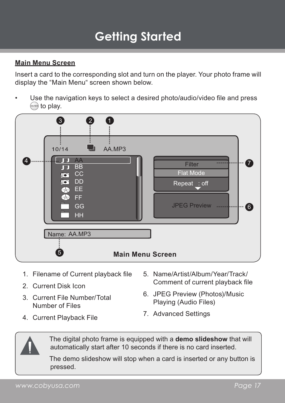 Main menu screen, Getting started | COBY electronic DP-5588 User Manual | Page 17 / 36