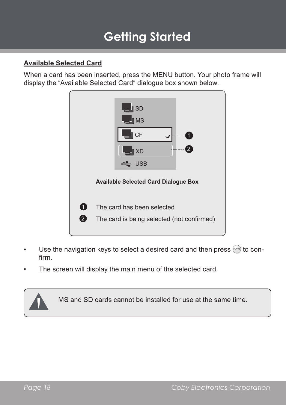Available selected card, Getting started | COBY electronic DP-5588 User Manual | Page 18 / 36