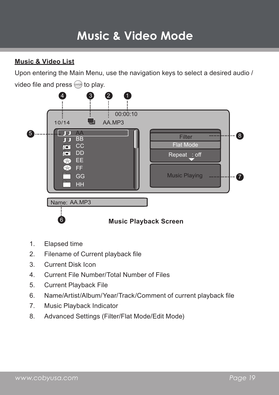 Music & video list, Music & video mode | COBY electronic DP-5588 User Manual | Page 19 / 36