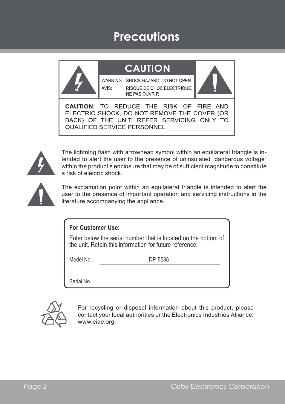 Precautions | COBY electronic DP-5588 User Manual | Page 2 / 36