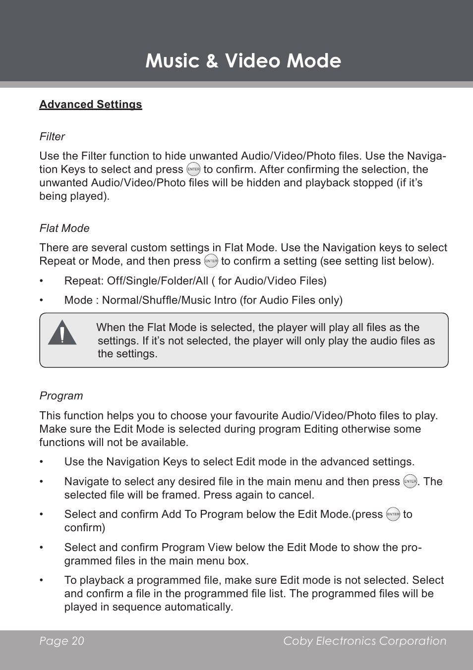 Advanced settings, Music & video mode | COBY electronic DP-5588 User Manual | Page 20 / 36