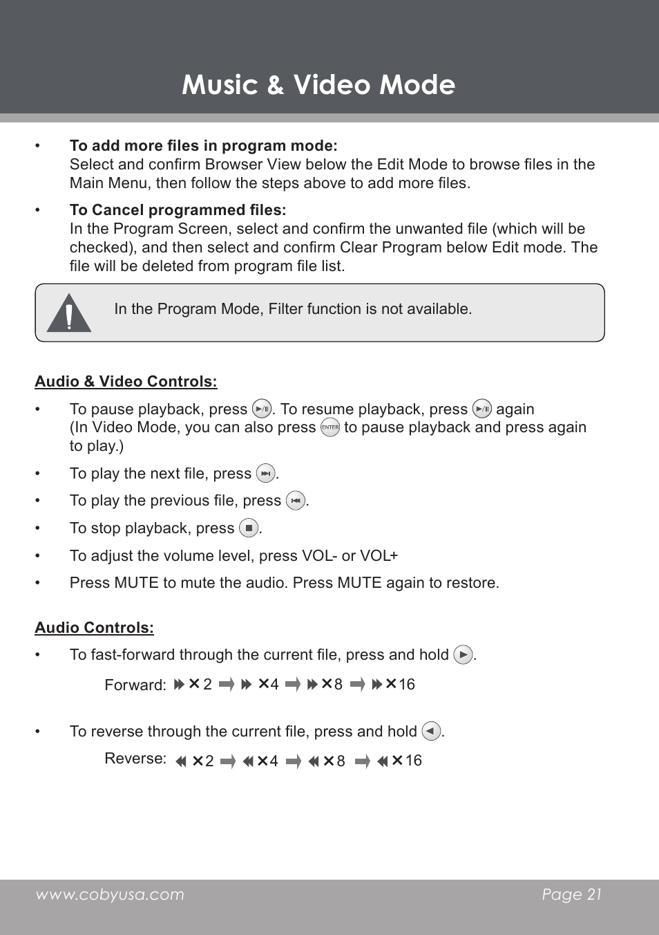 Audio & video controls, Audio controls, Music & video mode | COBY electronic DP-5588 User Manual | Page 21 / 36