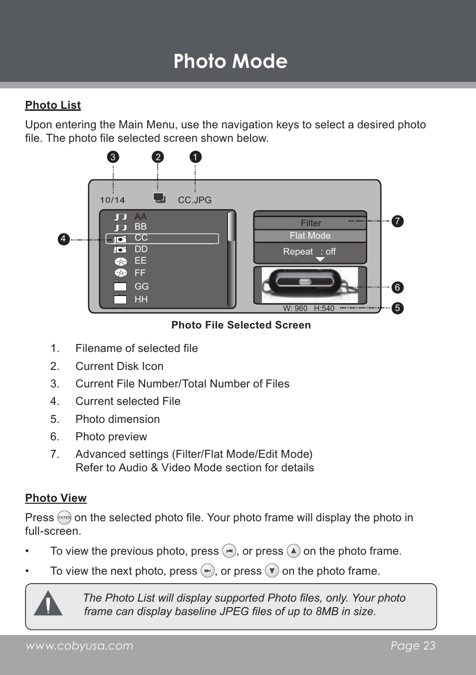 Photo mode, Photo list, Photo view | COBY electronic DP-5588 User Manual | Page 23 / 36