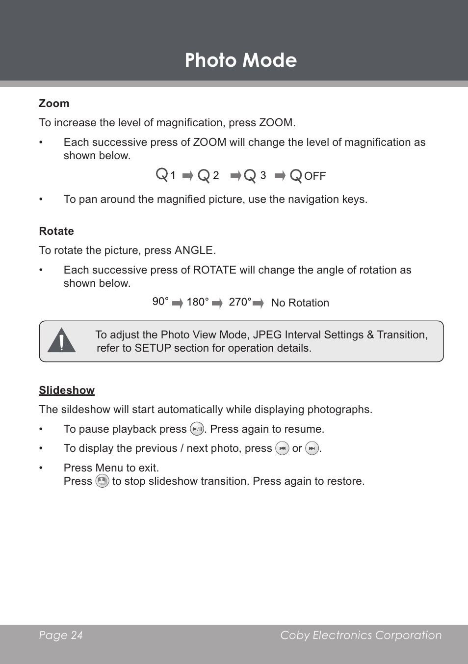 Zoom, Rotate, Slideshow | Photo mode | COBY electronic DP-5588 User Manual | Page 24 / 36