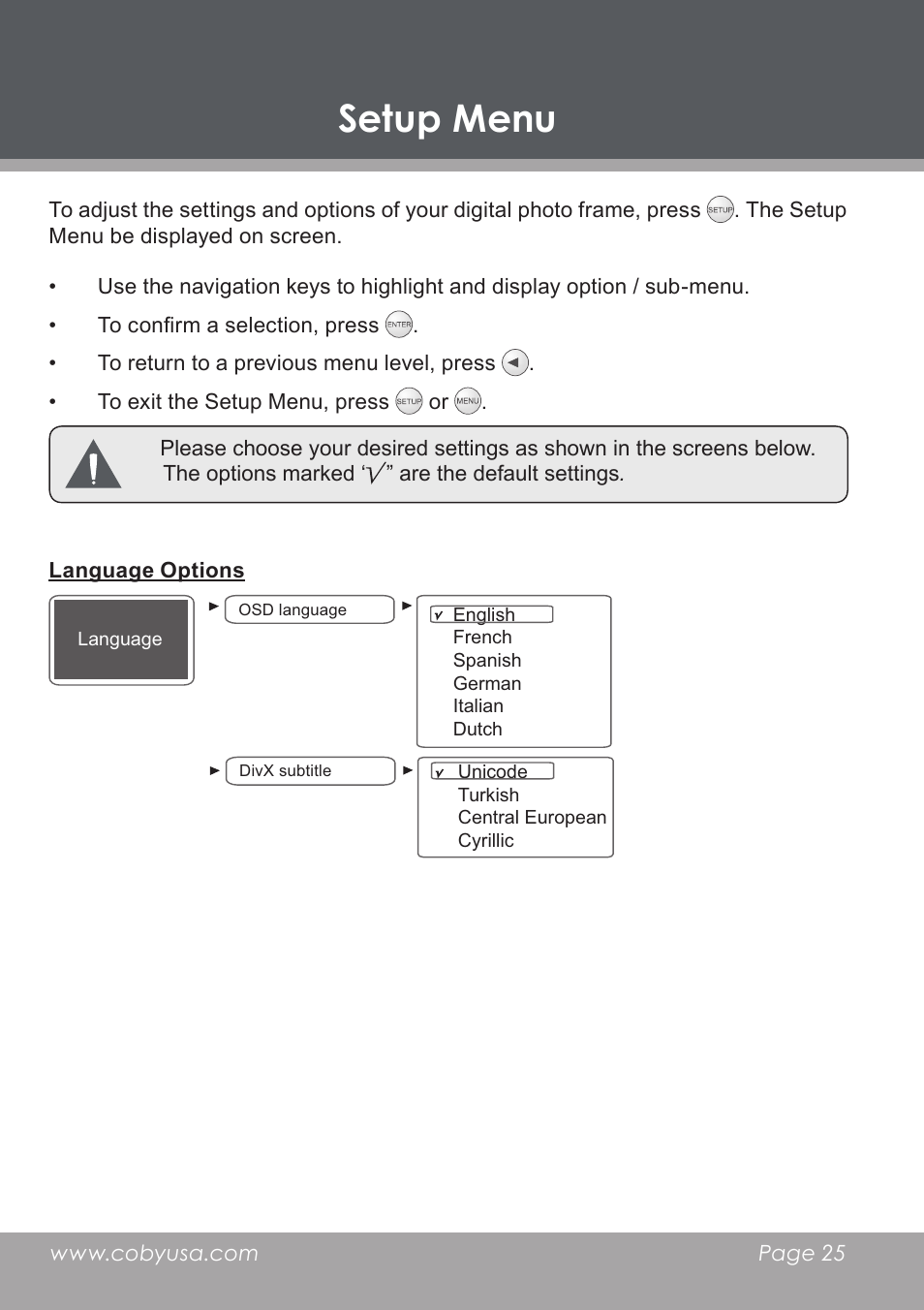 Setup menu, Language options | COBY electronic DP-5588 User Manual | Page 25 / 36