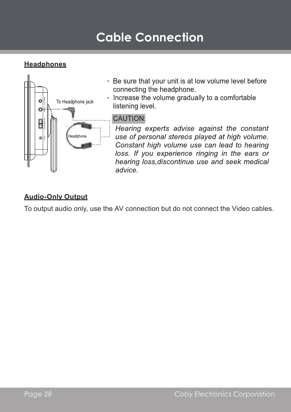 Cable connection, Headphones, Audio-only output | COBY electronic DP-5588 User Manual | Page 28 / 36