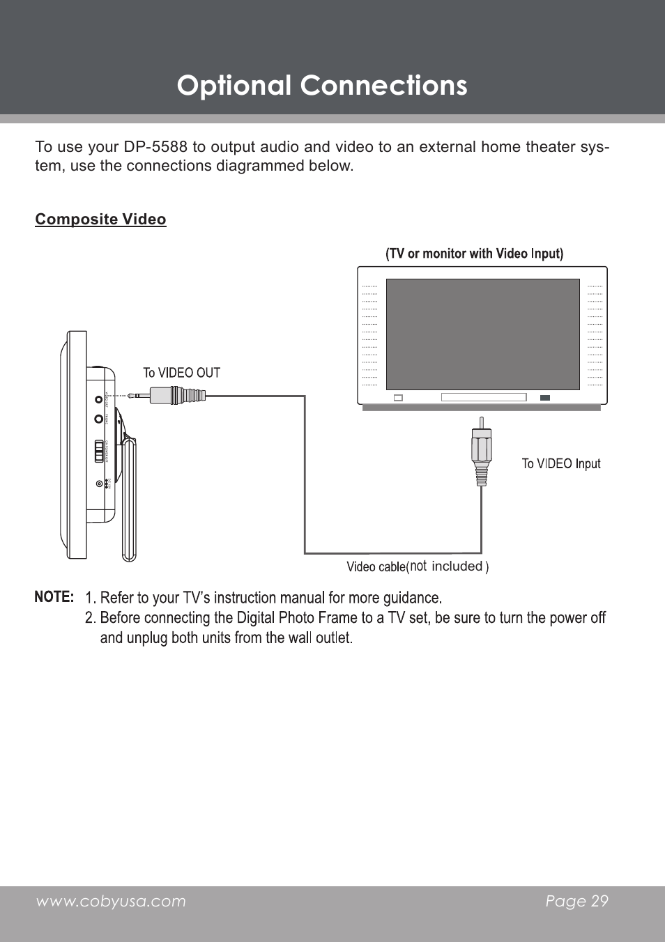 Composite video, Optional connections | COBY electronic DP-5588 User Manual | Page 29 / 36