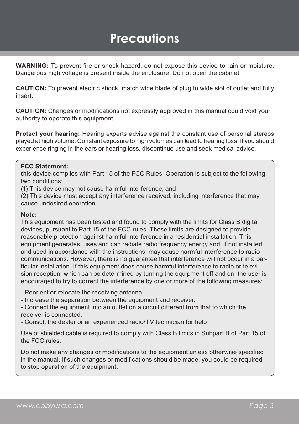 Precautions | COBY electronic DP-5588 User Manual | Page 3 / 36