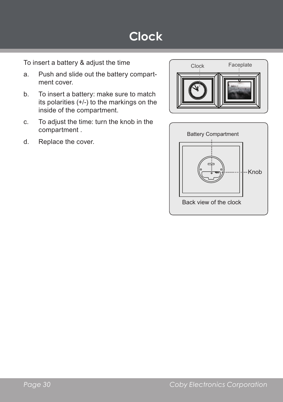 Clock | COBY electronic DP-5588 User Manual | Page 30 / 36