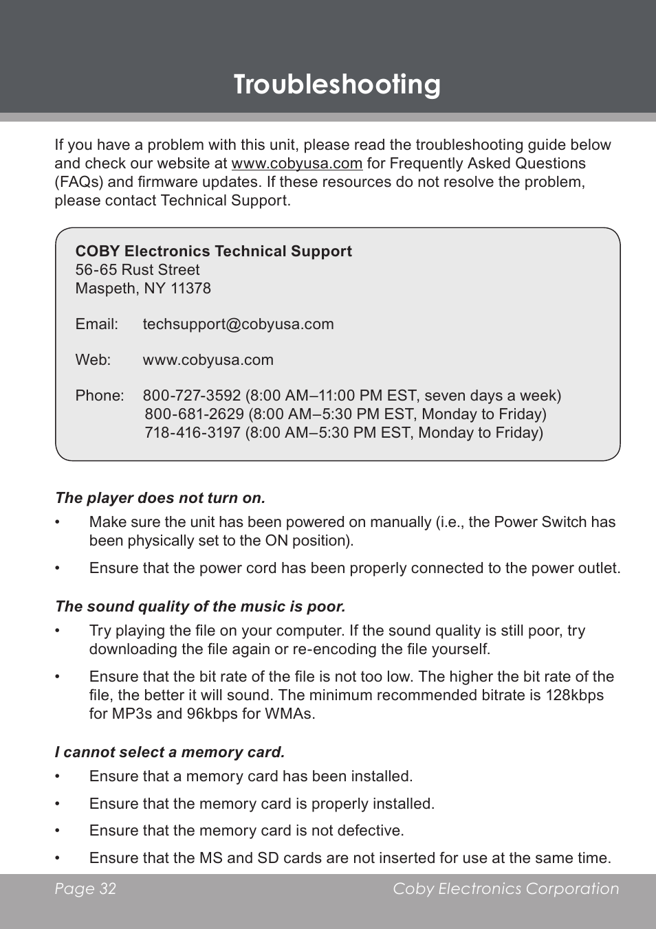 Troubleshooting | COBY electronic DP-5588 User Manual | Page 32 / 36